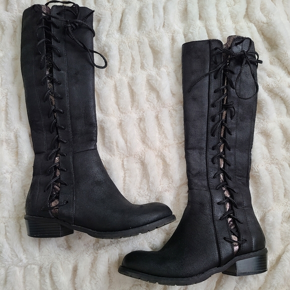 Very Volatile Shoes - Very Volatile size 7 Black Faux Suede Knee High Goth Zip Up Lace Glitter Boots